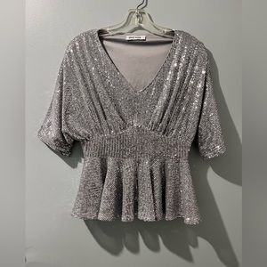 Grace Karin • Silver Sequin V-Neck Peplum Top • Small